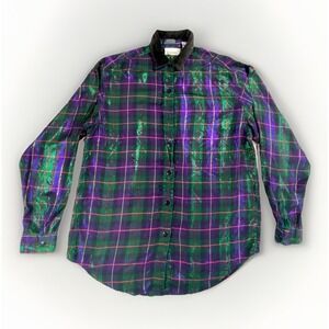 Vintage Casey & Max Shirt Womens Medium Green Purple Metallic Plaid Button-Up